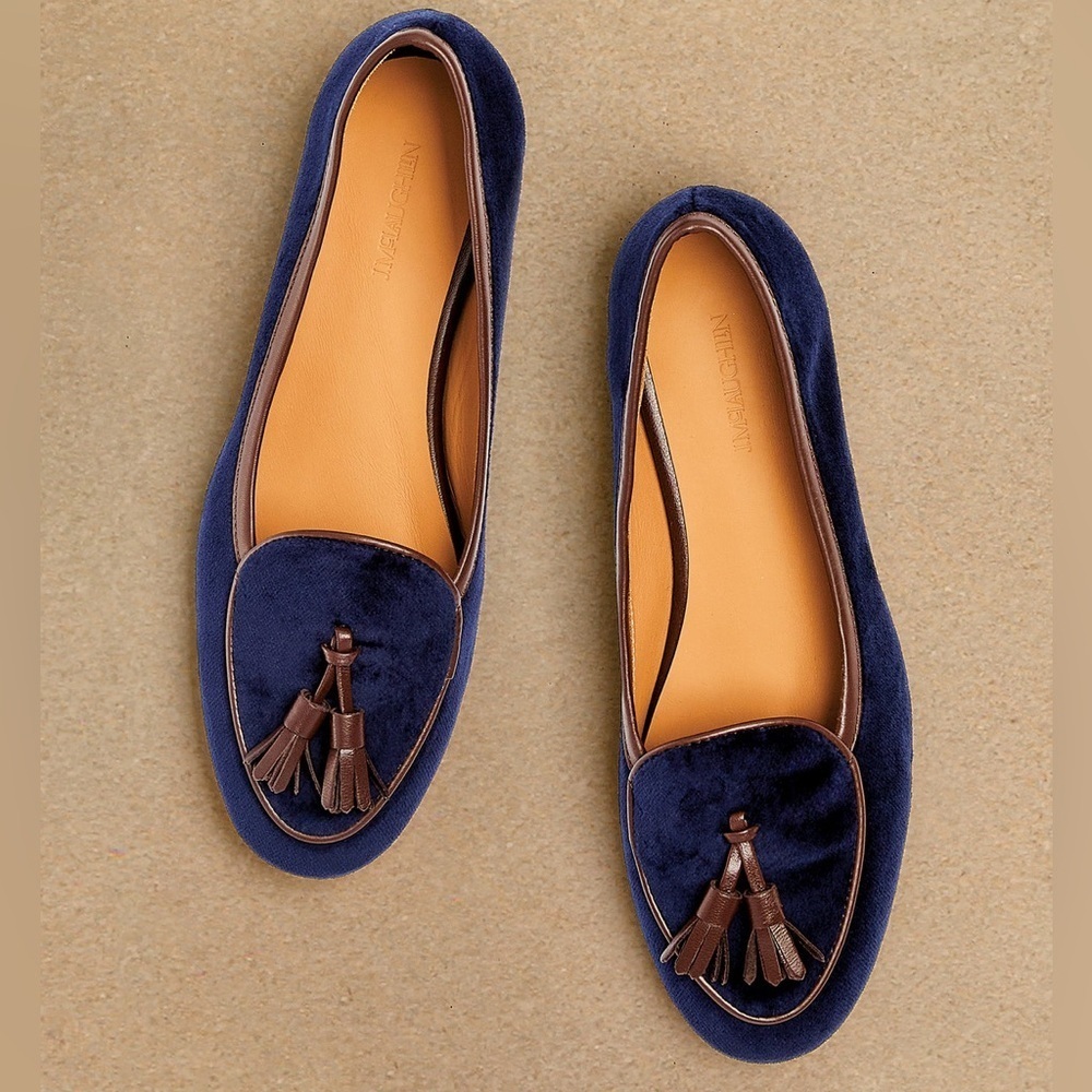J. McLaughlin Cecily Preppy Navy Velvet Loafers with Brown Tassels